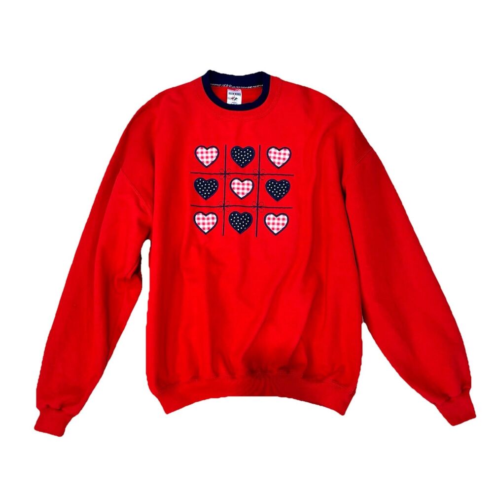 APPLIQUE Heart Vintage Red Navy Double Collar Crew Neck Sweatshirt XL
